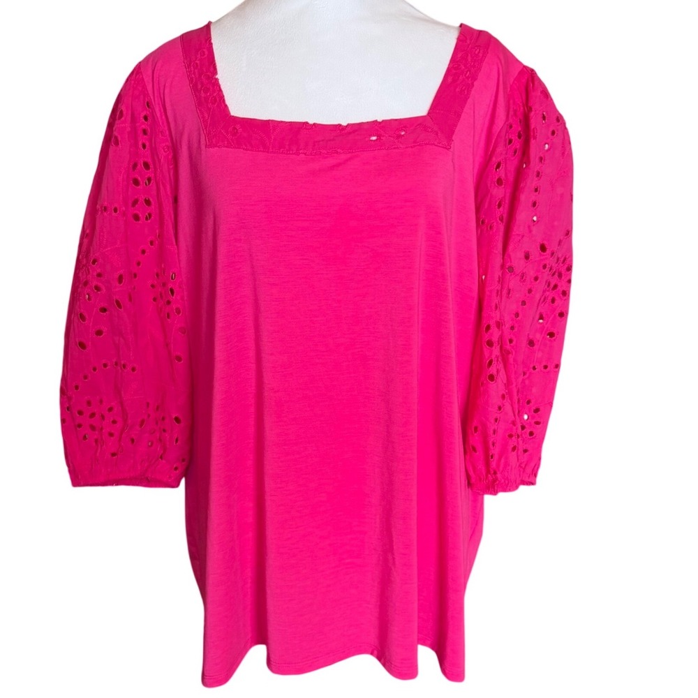 Pioneer Woman Pink Eyelet Puff Sleeve Square Neck Top Barbie Cottagecore Country